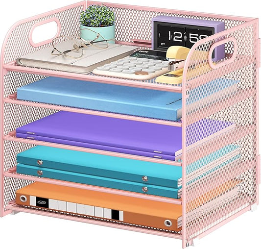 Cawukege 5 Tier Paper Organizer with Handle, Pink Metal Mesh Desk Organizer File Folder Paper Letter Tray Desktop Document Sorter for Classroom, School, Office Accessories Organization and Storage