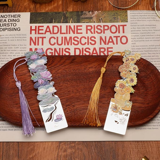2 PCS Metal Bookmarks with Tassel, Pretty Women's Bookmarks - Water Lilies and Sunflowers Design (BKM-046-001)