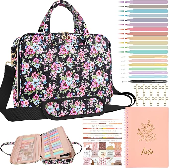 PUGPIU Bible Cover Case for Women, Large Quilted Bible Bag with Shoulder Strap and Handle, Bible Study Supplies Journaling Kit with Highlighters Pens No Bleed Tabs Notebook Cross Clips (Floral)