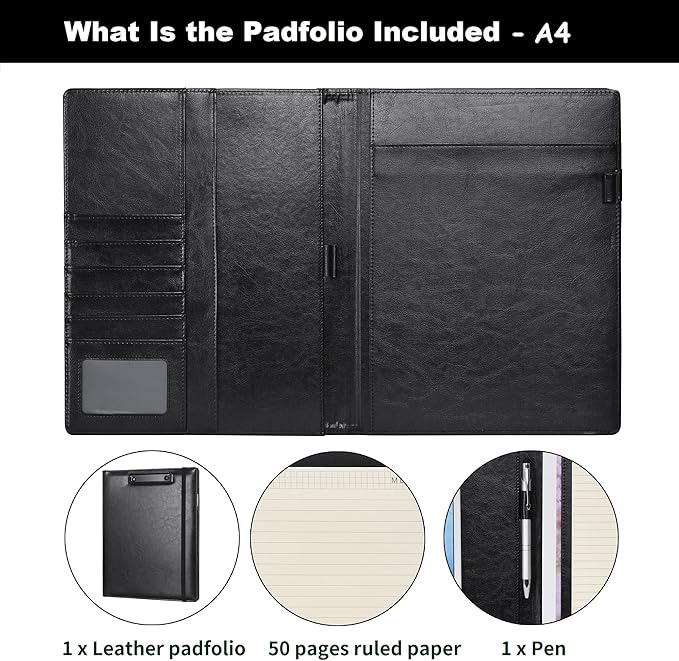 Wonderpool A4 PU Leather Clipboard Partfolio Notepad Forms Holders Document Case - Interview Planner Meeting Writing Padfolio File for Office Travel School Hotel Hospital (A4,Black)