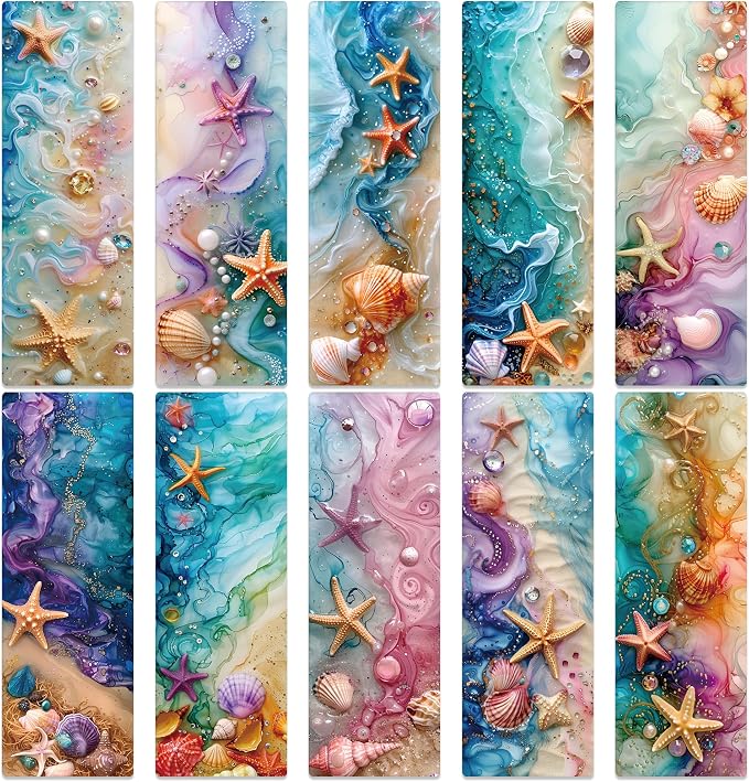 Beach Bookmark Bulk Gifts - 50 Pcs Fantasy Ocean Paper Bookmarks for Women Girls Students Book Lovers Starfish Seashells Page Clips School Reading Accessories Bookish Birthday Graduation Gift