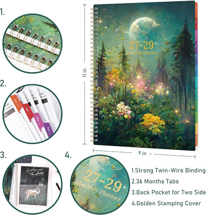 2027-2029 Monthly Planner/Calendar - 3 Year Monthly Planner 2027-2029, Jan.2027 - Dec.2029, 9" x 11", 3 Year Calendar 2027-2028-2029 Monthly Planner with 36-Month Tabs, Inner Pocket - Dreaming Moonlight