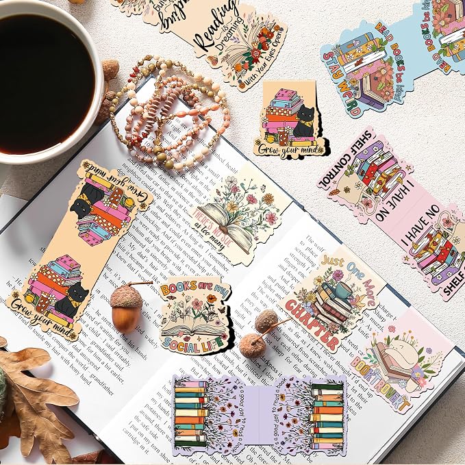 Wxiben Book Lover Magnetic Bookmark - 9Pcs Flower Book Mark Magnets Cute Cat Floral Bookmarks Magnetic Bookish Magnets Book Markers Page Clip Gifts for Women Teen Students Teacher Reading Office