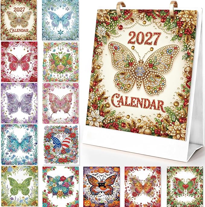 2027 Standing Desk Calendar DIY Diamond Art Painting Monthly Flip Dates Butterfly Double-Sided Pattern Tabletop Calendars DIY Craft Supplies Planner Office Home-Butterfly