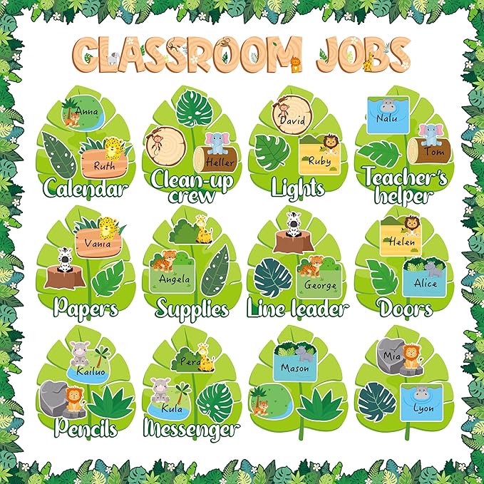 BeYumi Classroom Jobs Bulletin Board - 76Pcs Back to School Jungle Animal Class Jobs Bulletin Board Decoration Set Palm Tree Leaf Paper Cutouts Teacher's Helper Chalkboard Wall Decor for Kids Students