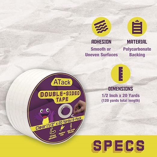 ATack Heavy Duty Double Sided Tape - 1/2 inch x 20 Yards (6-Pack, 360ft Total) Removable Ultra Thin Tape for Gift Wrapping & Scrapbooking
