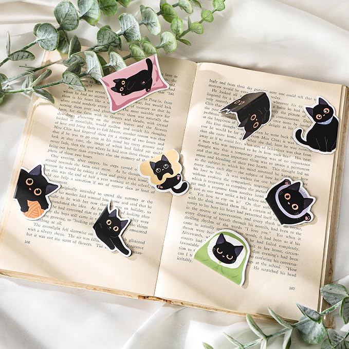 Cats Magnetic Bookmarks Gifts - 8 Pcs Black Cute Bookmark for Women Pet Animals Lovers Students Funny Page Clips Office Reading Accessories Bookworms Gift for Birthday Christmas