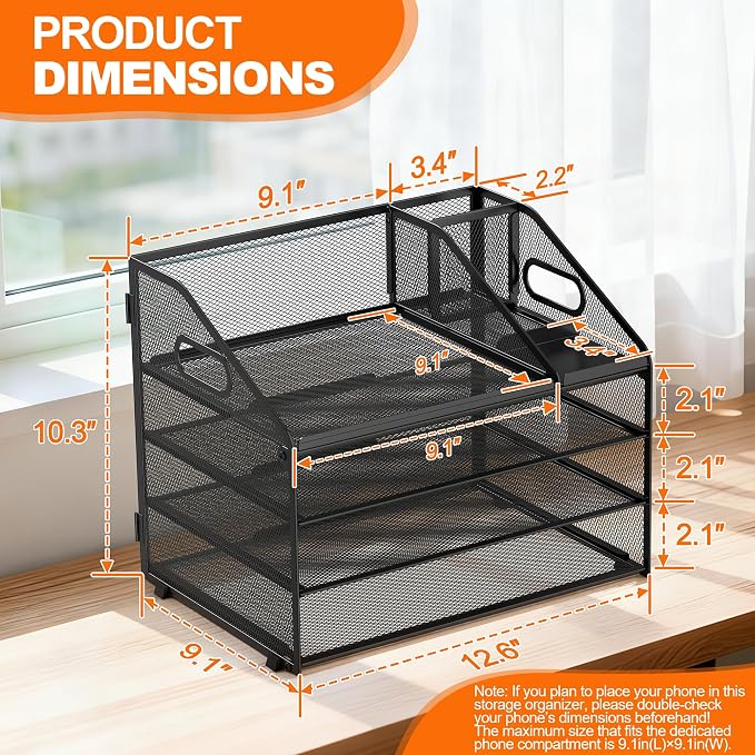 DocNest 4 Tier Metal Mesh Letter Tray - Space Saving Desk File Organizer with Handle, Pen Holder & Folder Holder - Desktop Document Sorter for Office, Home, School, Classroom - Black