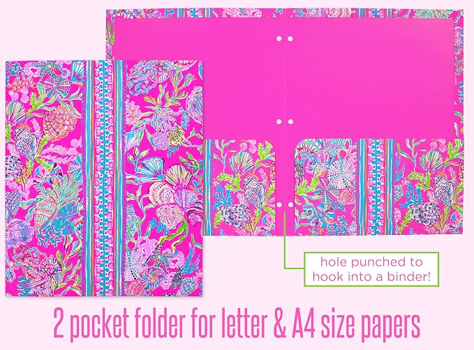 Lilly Pulitzer 3-Pack Pocket Folder Set, Colorful Letter Size Document Organizers, Folders Come Hole Punched to Fit Binders, Shell Me Something Good (Assorted)