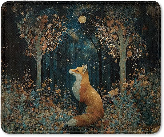 Dark Moody Forest Fox Mouse Pad, Fox Gifts for Women Men, William Morris Inspired Cottage Core Moonlight Wild Animal Mouse Pad for Home Office Computer Gaming Desk Essentials, 9.5x7.9 Inch