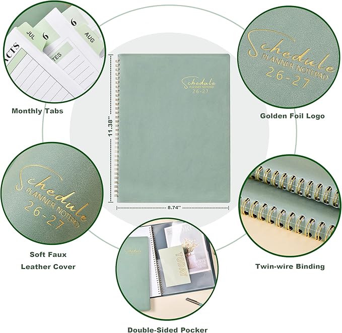 Appointment Book 2026-2027- Business Planner, JUL 2026 - JUN 2027,Planner 2026-2027, 3-Tier Schedule Planner, 8.74" x 11.38", 60 Minutes Intervals + Monthly Tabs + Leather Cover + Pocket - Pea Green