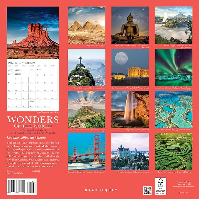 Graphique 2025 Wonders of the World Wall Calendar | 12” x 12” | Thick Paper | Home & Office Organizer | Large Monthly Grid | 3 Languages & Marked Holidays | 4 Month Preview Page for 2026