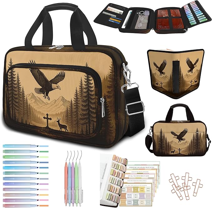 Eagle Large Bible Bag with Bible Cover Case for Men Women, Church Bag Book Carrying Case w/Shoulder Strap Handle Zipper Pocket, Bible Study Supplies Journaling Kit Accessories Christian Gift