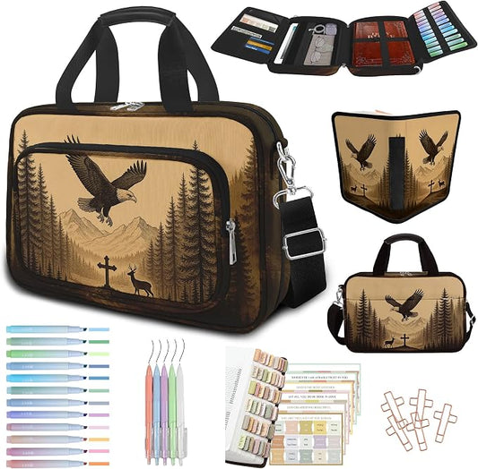 Eagle Large Bible Bag with Bible Cover Case for Men Women, Church Bag Book Carrying Case w/Shoulder Strap Handle Zipper Pocket, Bible Study Supplies Journaling Kit Accessories Christian Gift