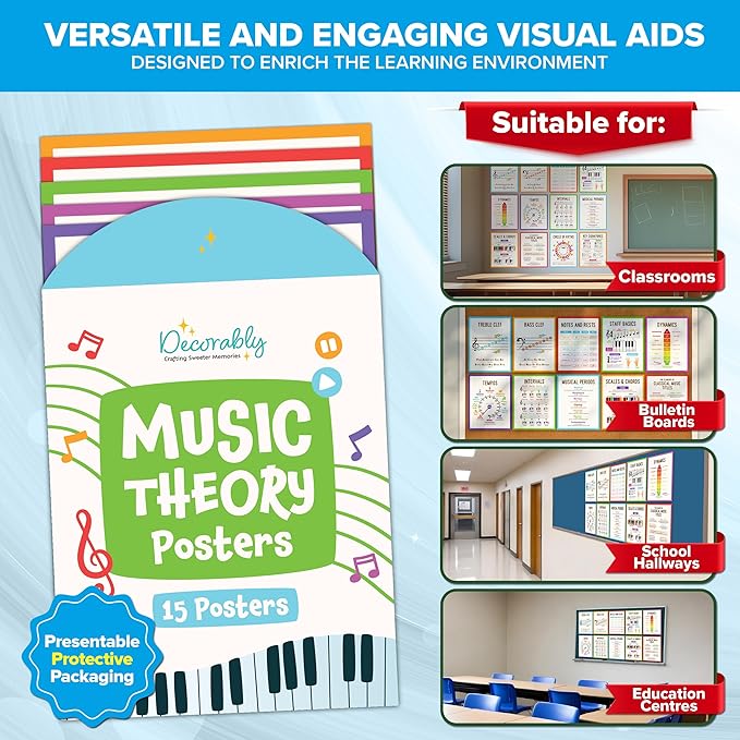 Decorably 15 Music Theory Posters for Classroom, 11x14in Educational, Matte-Laminated for Studio, Learning Spaces, School Hallways, Bulletin Boards, Home Study Room