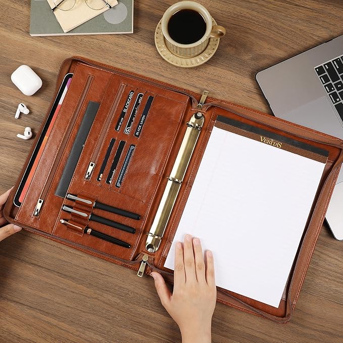 Genuine Leather Portfolio, 3 Ring Binder Padfolio, 11"×14" Padfolio Organizer, Professional Business Portfolio Binder for Men and Women