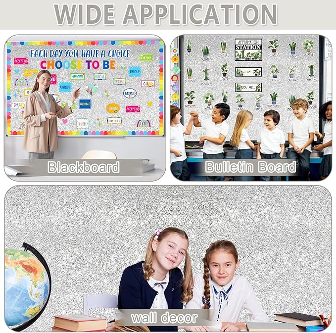 Glitter Bulletin Board Roll Silver Bulletin Board Paper Sparkle Silver Wrapping DIY Art Crafts Fade Resistant Wrinkle Resistant Poster for Classroom Office Home Backdrop Decoration 15.7" x 12 Ft