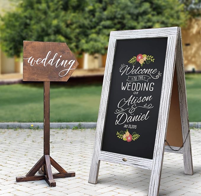 A Frame Chalkboard by HBCY Creations: 40x20 Solid Wood A-Frame Sign Whitewashed Double-Sided Magnetic Board, Chalkboard Menu Board, for Restaurants, Cafés, Weddings - Heavy Duty Hinges