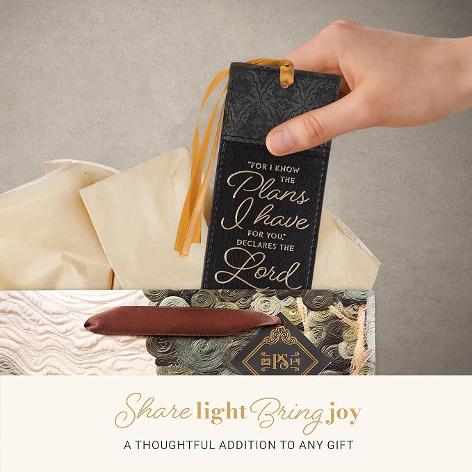 Christian Art Gifts Premium Faux Leather Charcoal & Black Floral Scripture Bookmark for Women: Know the Plans Golden Inspirational Bible Verse, Gold Satin Ribbon Markers for Reading, Marking Pages