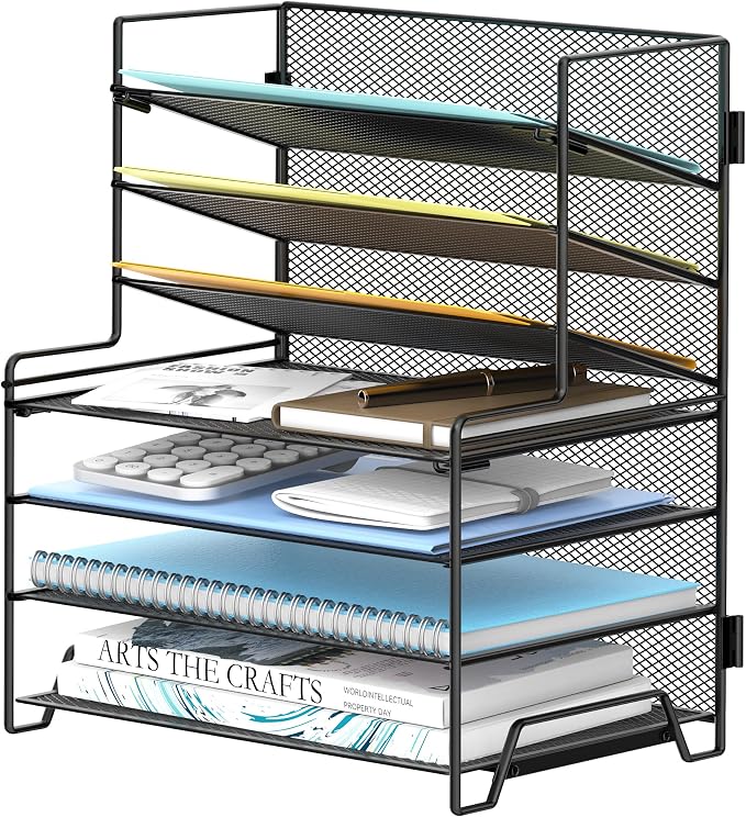 SUPEASY 7 Tier Desk File Organizer, Mesh Letter Tray Paper Organizer with File Holders, Metal Desktop Organizers and Accessories for Home Office Supplies, Black