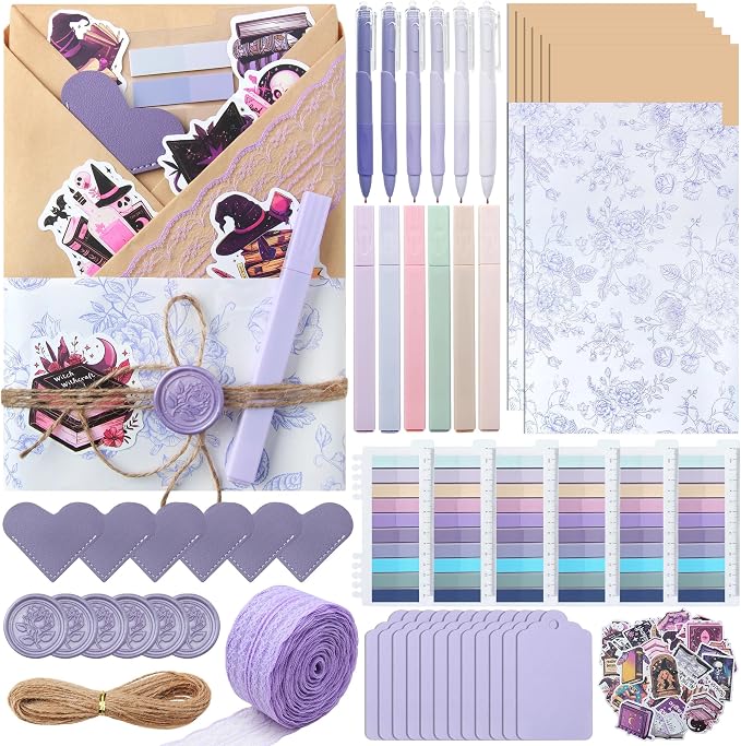 J6&H6 6 Set Blue-Themed Blind Date with a Book Gift excluding Books,Gift Set Including Lace Ribbons Patterned Paper Leather Bookmarks Stickers Blue Labels Kraft Paper for Literary Gifts (Purple)