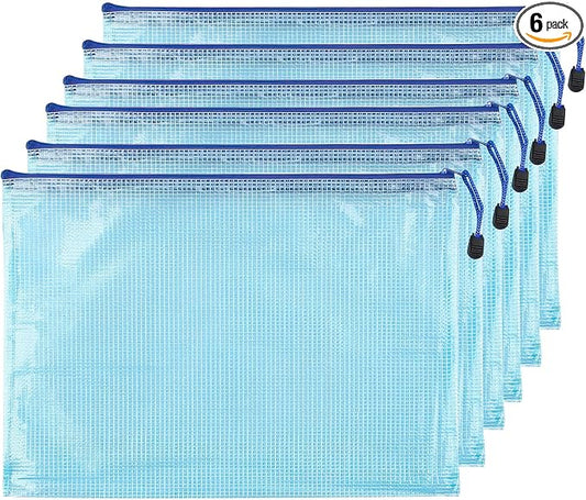 6 Pcs 16.93" x 12.01" A3 Sizes Mesh Zipper Pouch Bags, Mesh Bags with Zipper，Waterproof Clear document pouch for Organization Puzzles Travel, Office, Classroom Organization, A3 Blue