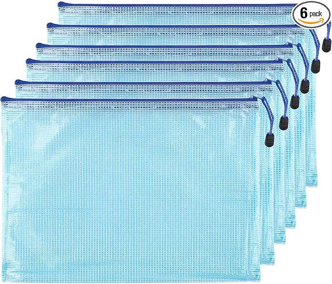 6 Pcs 16.93" x 12.01" A3 Sizes Mesh Zipper Pouch Bags, Mesh Bags with Zipper，Waterproof Clear document pouch for Organization Puzzles Travel, Office, Classroom Organization, A3 Blue