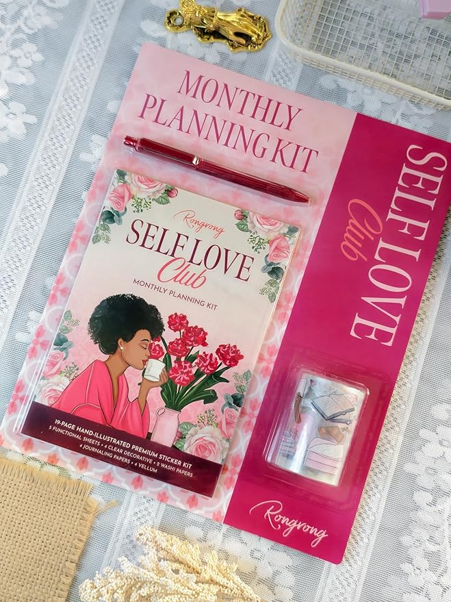 Self Love Monthly Planning Kit – Complete Planner Starter Bundle with Stickers, PET Tape, Pen & Scrapbooking Papers for Mindfulness, Wellness & Creative Planning