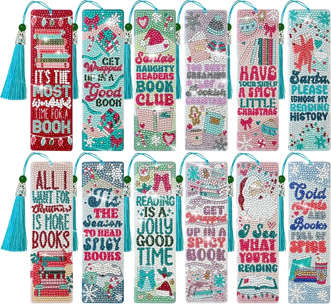 12 Pcs DIY Christmas Diamond Art Bookmark for Adults Flower Cross 5d Diamond Painting Bookmarks with Tassel for DIY Making Kit for Reading Lover Book Lover DIY Crafts Santa Gifts