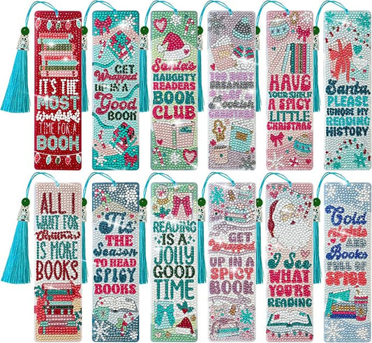 12 Pcs DIY Christmas Diamond Art Bookmark for Adults Flower Cross 5d Diamond Painting Bookmarks with Tassel for DIY Making Kit for Reading Lover Book Lover DIY Crafts Santa Gifts
