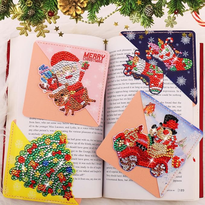 Christmas Diamond Art Bookmarks, 4 PCS Cute Diamond Art Bookmarks for Book Lovers, Christmas Gift DIY Diamond Art Accessories, Diamond Art Kits for Adults