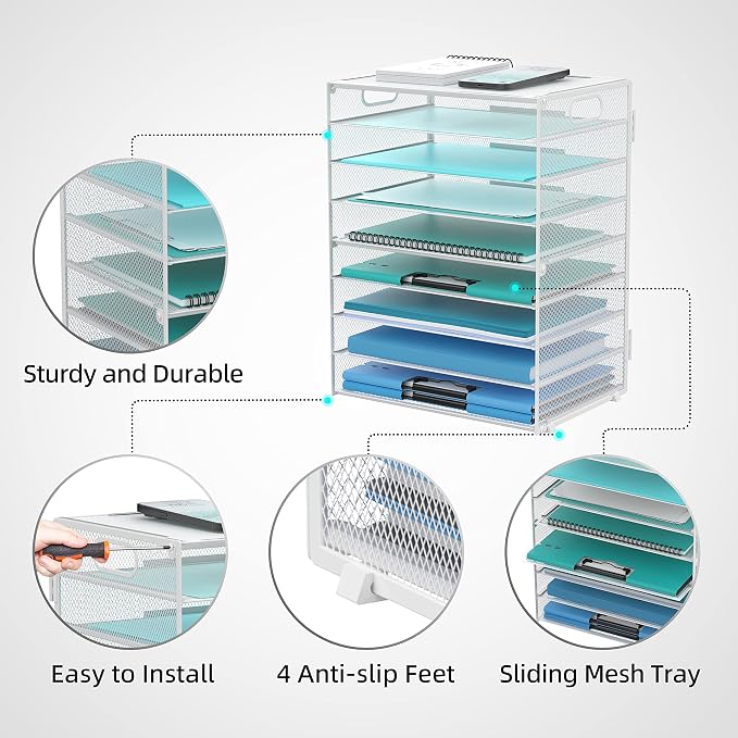DALTACK 9-Tier Paper Organizer for Desk, Mesh Letter Tray Desk Organizer with Handles, Space-Saving File Organizer for Office Home School, White 2 Pack