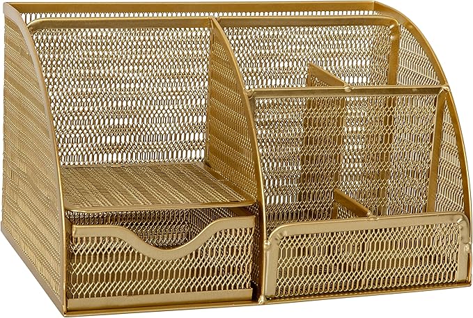 Martha Stewart Ryder Gold Mesh Metal Small Desktop Organizer for Office Accessories, Notebooks, Pen Holder and Drawer