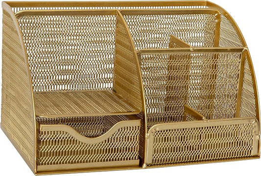 Martha Stewart Ryder Gold Mesh Metal Small Desktop Organizer for Office Accessories, Notebooks, Pen Holder and Drawer
