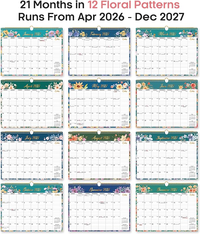 Calendar 2026-2027, Monthly Wall Calendar from April 2026 to December 2027, 11.5" x 14.7", Spiral Binding Hanging Wall Calendar, Perfect for Home or Office,Floral