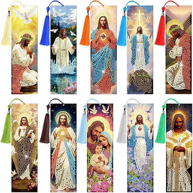 Sinload 10 Pcs Jesus Diamond Art Bookmarks Catholic Diamond Painting Bookmark with Tassels Jesus Diamonds Painting Book Mark Catholic Gifts DIY Religious Acrylic Book Mark for Church Supplies