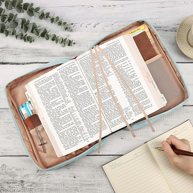 FINDCOZY Bible Cover for Women, Durable Carrying Book Case Church Bag for Biblical Accessories with Handle and Zippered Pocket, for Scriptures, Taslan Blue