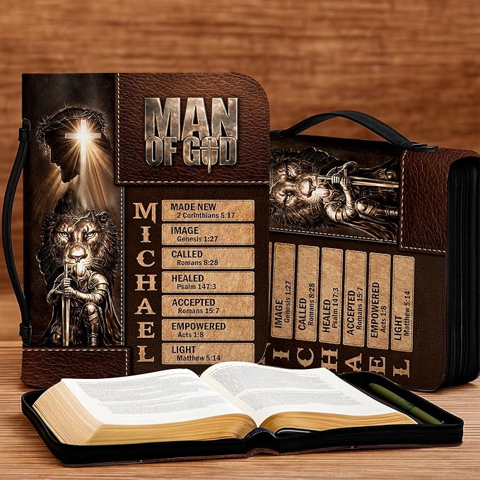 Personalized Man of God Bible Cover, God Says I Am Bible Case PU Leather, Bible Holder Handle Zipper, Faith Scripture with Name Case Bag, Religious Gifts for Church Christians Women Men (05)
