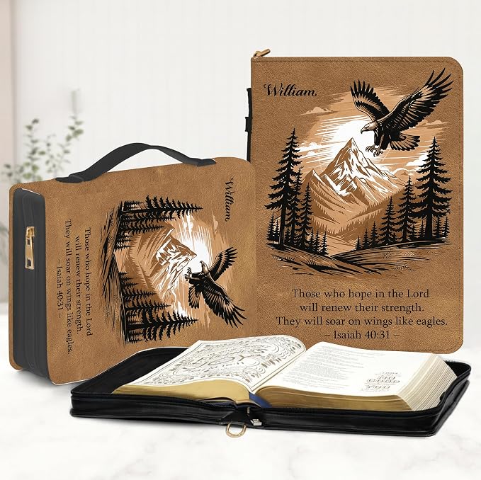Personalized Man of God Bible Cover for Men, Christian PU Leather Bible Case with Handle Zipper, God Says I Am Warrior Scripture Bible Holder, Religious Gift for Men (Eagle and Bible Verse)