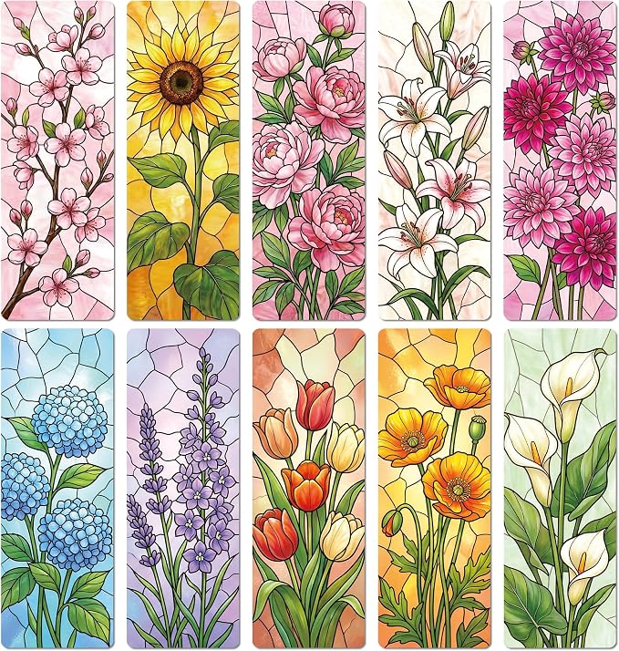 Pretty Flower Bookmark Gifts - 10 Pcs Aesthetic Floral Stained Glass Bookmarks for Women Students Book Lovers Page Clips Bookish Birthday Graduation Gift School Office Reading Accessories