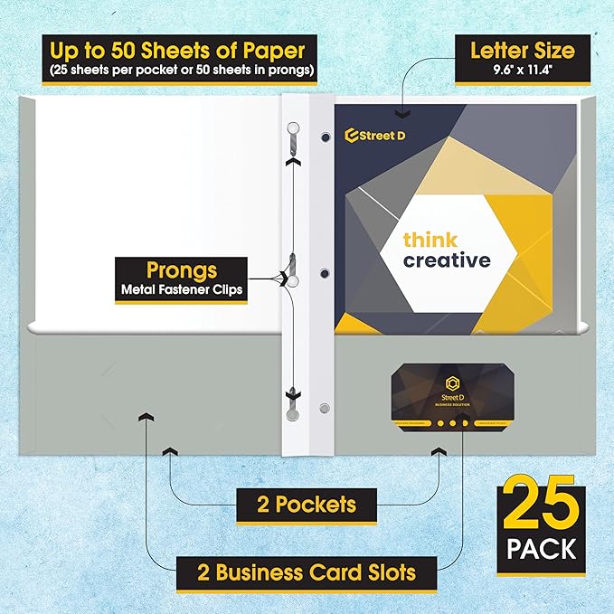 2 Pocket Portfolio Folders with Prongs (Metal Fastener Clips), 25 Pack, Cool Trendy Colors, Fits Letter Size Paper, for School, Office, Home, Matte Finish (Silver Gray)