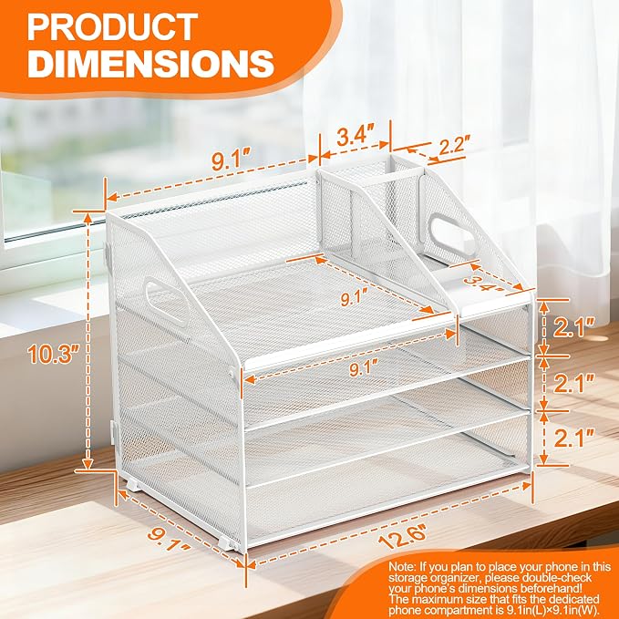 DocNest 4 Tier Metal Mesh Letter Tray - Space Saving Desk File Organizer with Handle, Pen Holder & Folder Holder - Desktop Document Sorter for Office, Home, School, Classroom - White