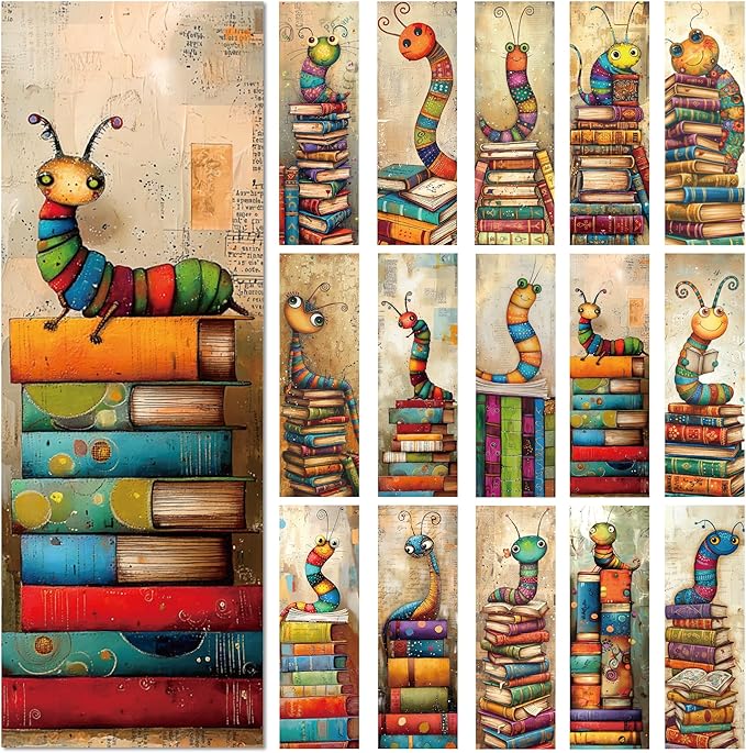 Whimsical Bookworms Bookmarks Gifts, 60 PCS Funny Reading Bulk Book Marks for Women Men, Paper Bookmarks for Book Lovers Gift, 15 Designs × 4, Double-Sided Laminated