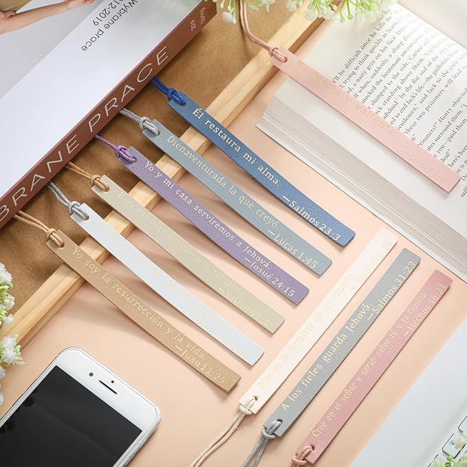 Skyygemm 10 Pcs Spanish Christian Bible Bookmarks for Women Leather Bookmarks Spanish Bible Gifts for Women Book Lovers Readers Church Book Club(Pastel Color)