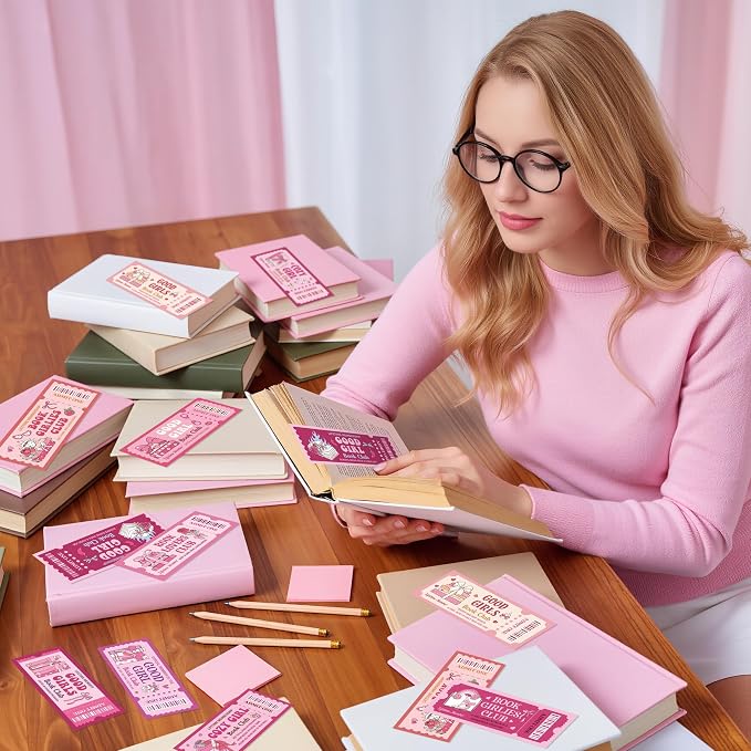 Laffact Pink Bow Reading Bookmarks - 120Pcs Cute Cozy Girl Ticket Style Book Club Gifts, Library Bookish Books Page Marker, Readers Accessories Reading Tracker for Book Lover Bookish Romance Reader