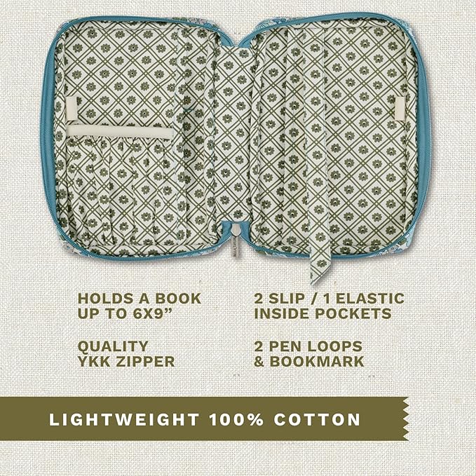Bella Taylor Small Bible Cover for Women - Quilted Cotton Bible Case for 6 x 9 inch Books - Delicate Floral Blue