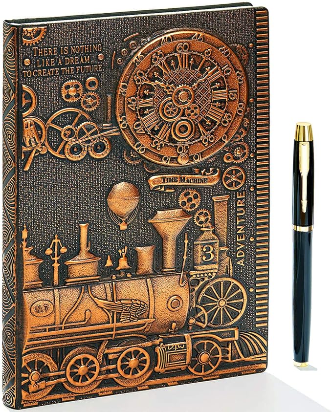 Vintage Train Embossed Leather Writing Journal Notebook with Pen Set,Antique Handmade Daily Notepad Sketchbook,Travel Diary Notebooks to Write in,Gift for Men Women (A5(8.4"*5.7"), RedBronze)