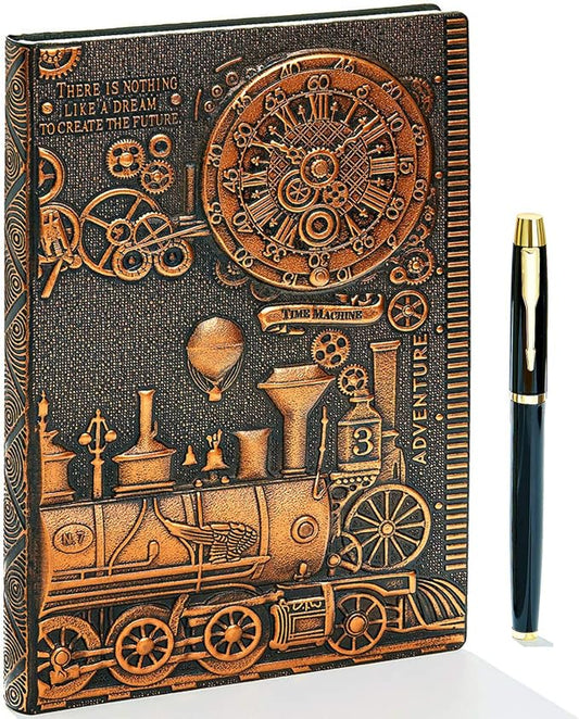 Vintage Train Embossed Leather Writing Journal Notebook with Pen Set,Antique Handmade Daily Notepad Sketchbook,Travel Diary Notebooks to Write in,Gift for Men Women (A5(8.4"*5.7"), RedBronze)
