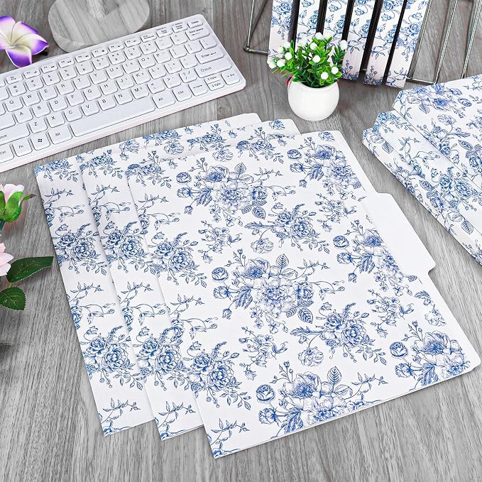Whaline 24 Pack Blue Floral File Folders Letter Size Toile Blue Chinoiserie Flower File Pockets with 1/3 Cut Tab for Home Office Classroom Supplies, 8.9 x 11.6 Inch