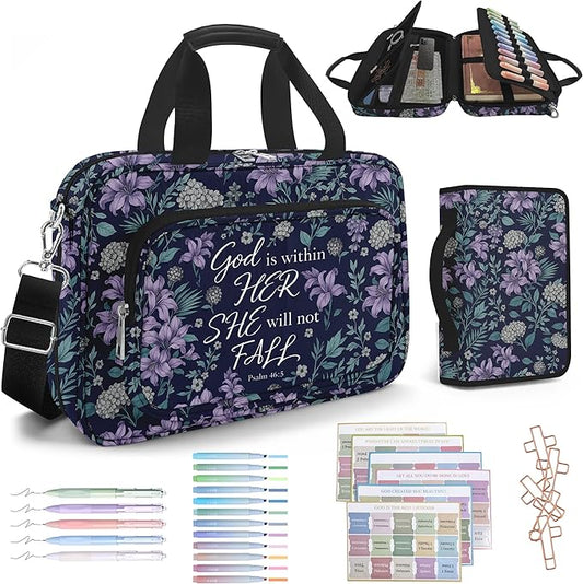 Lilac Bible Cover Case for Women with Shoulder Strap & Handle Zipper Pocket, Large Bible Bag with Study Supplies Journaling Kit Book Carrying Case, Pens Highlighters Cross Clips Tabs